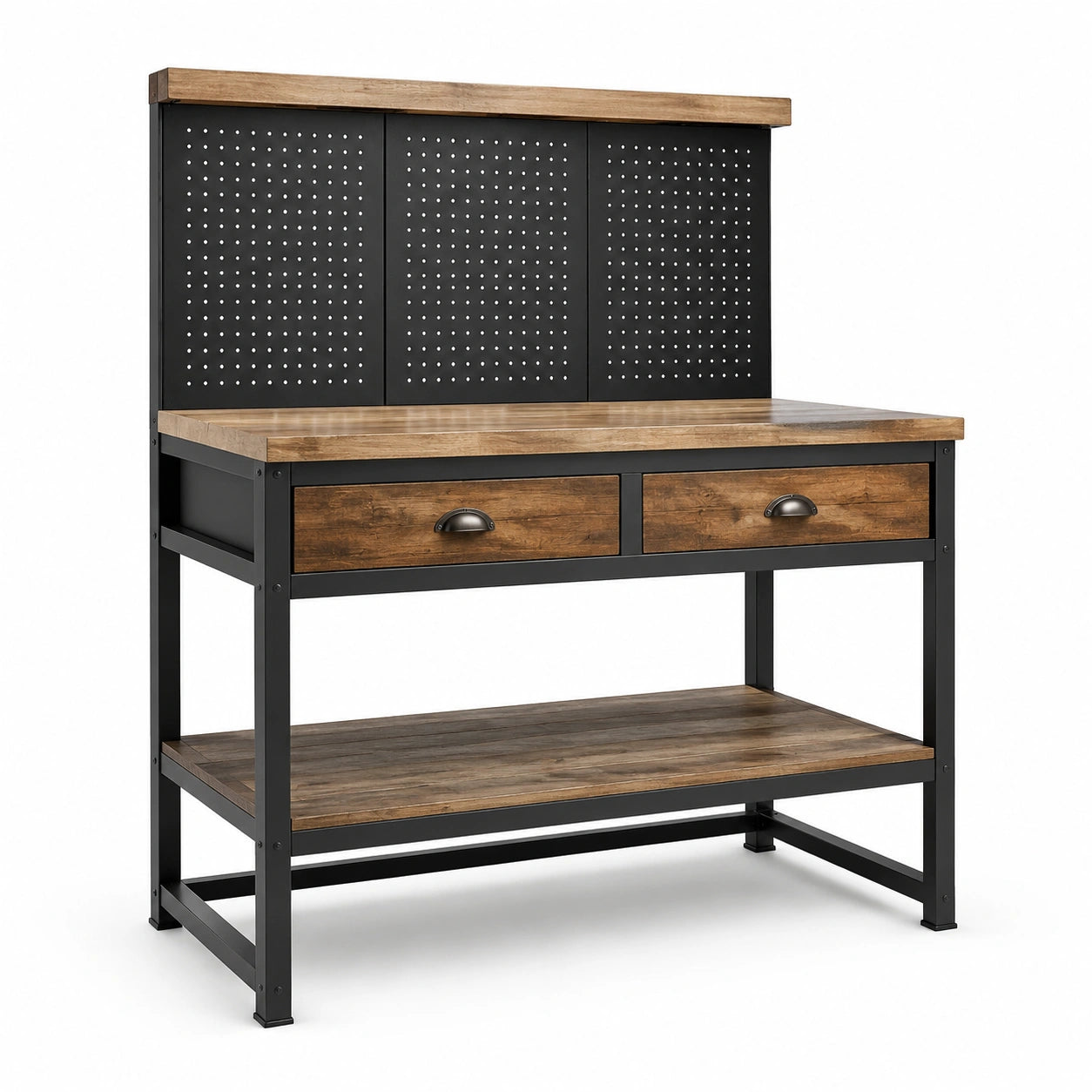 Établi en bois et métal avec panneau perforé et tiroirs