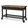 Table de travail en bois de chêne et acier avec roulettes