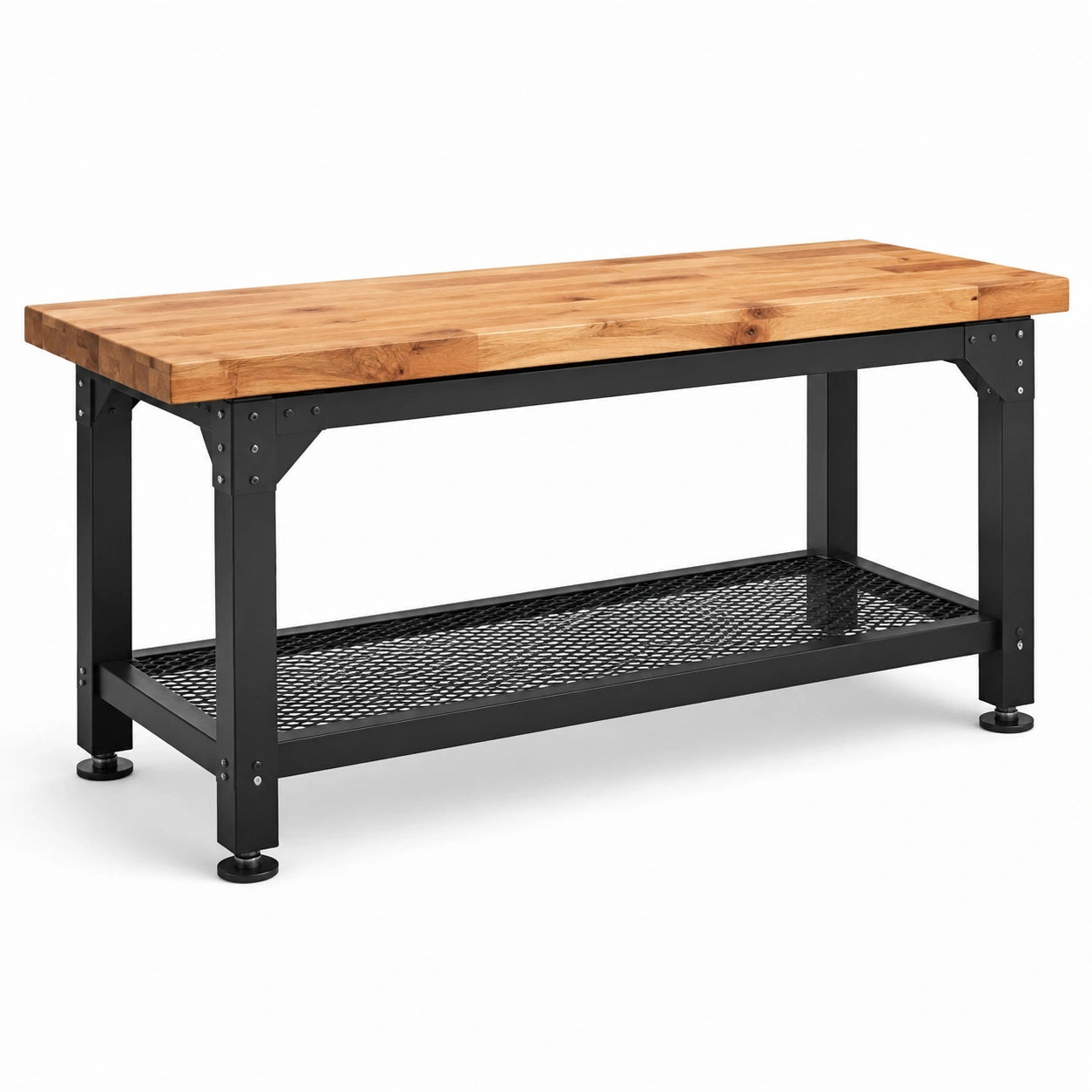 Établi en bois de chêne et métal noir avec étagère en treillis
