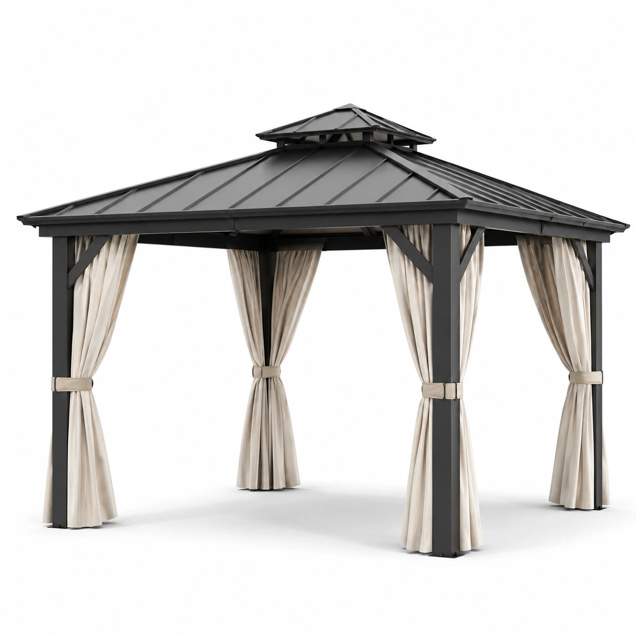 Pavillon en aluminium avec toit métallique et rideaux beiges