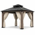 Pavillon en bois avec toit en métal et rideaux en polyester beige