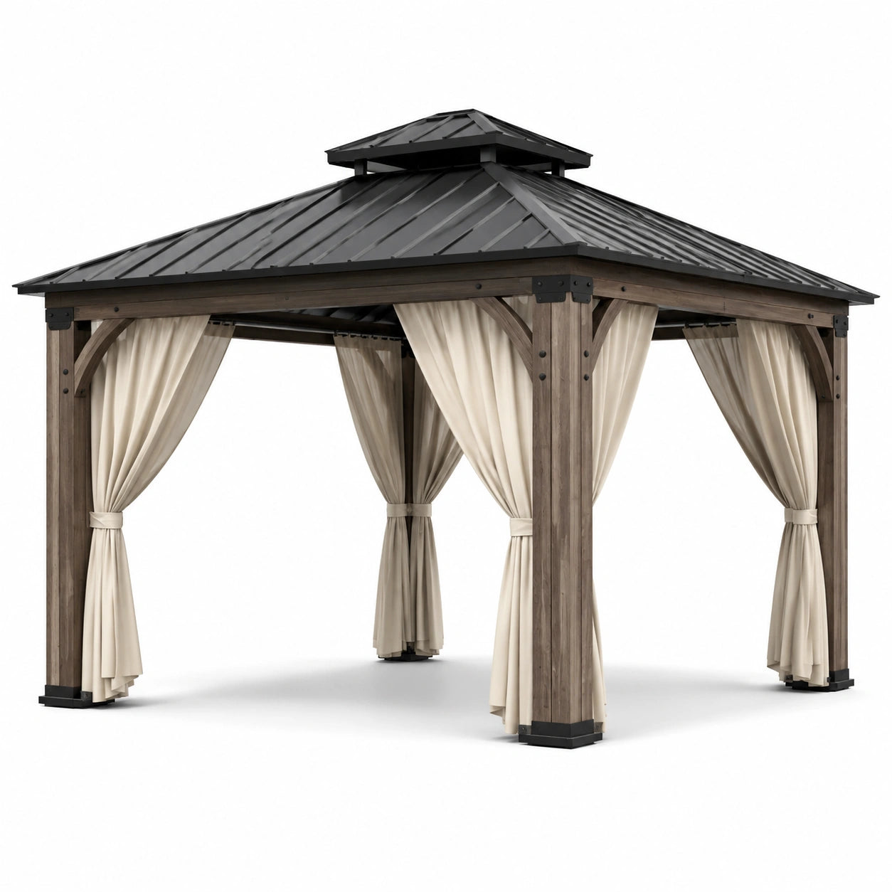 Pavillon en bois avec toit en métal et rideaux en polyester beige