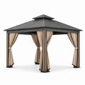 Pavillon de jardin en aluminium avec toit en acier et rideaux en polyester beige