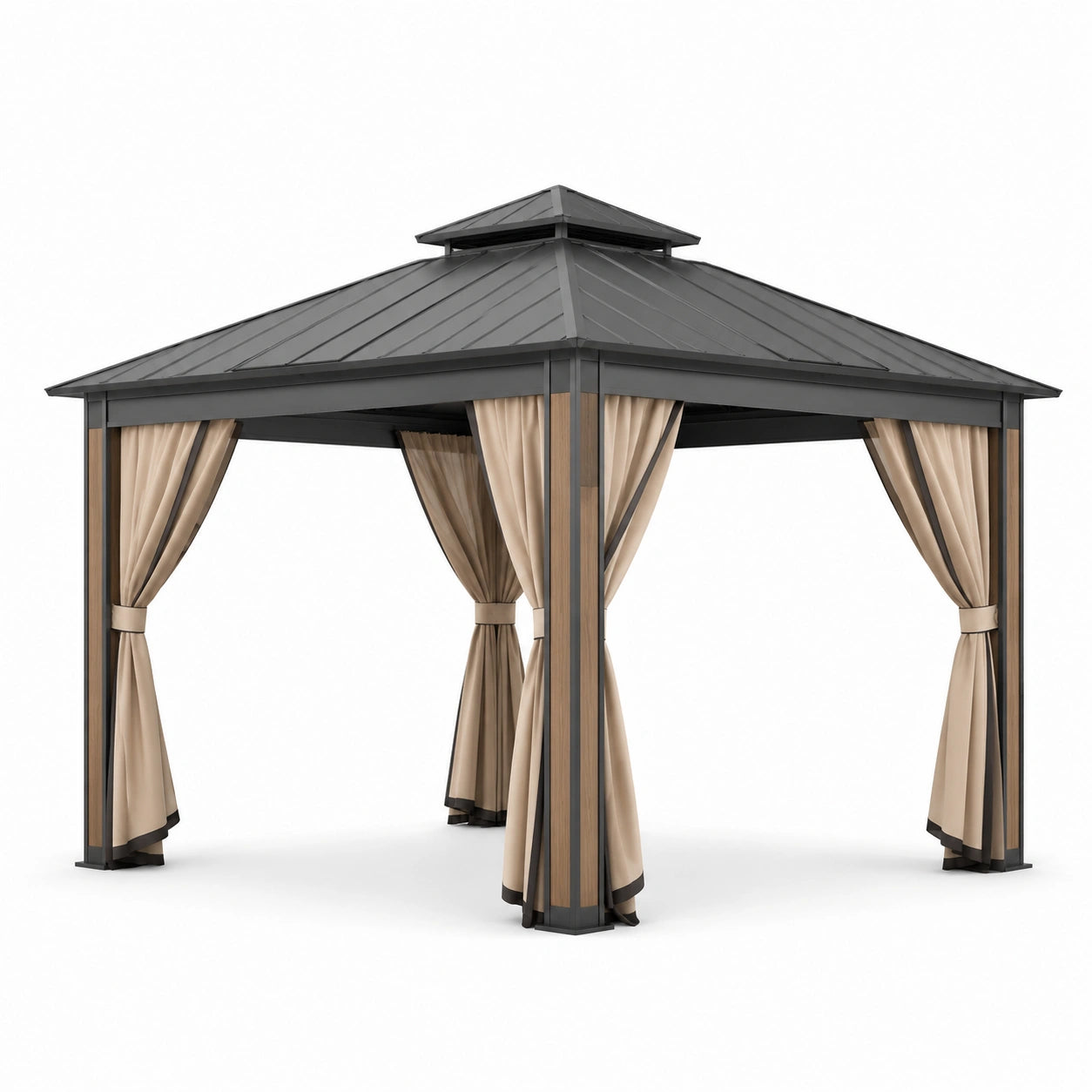 Pavillon de jardin en aluminium avec toit en acier et rideaux en polyester beige