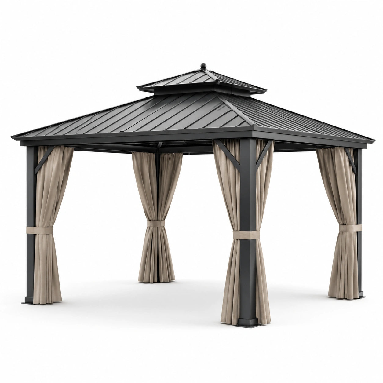 Pavillon en aluminium avec toit à double niveau et rideaux en polyester beige