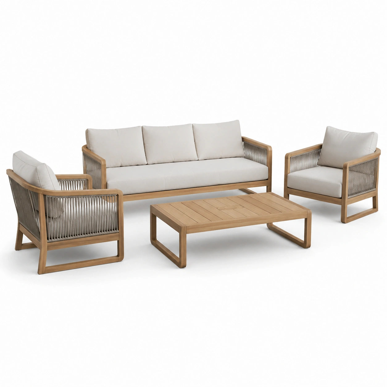 Ensemble de mobilier d'extérieur en bois et métal avec coussins beiges