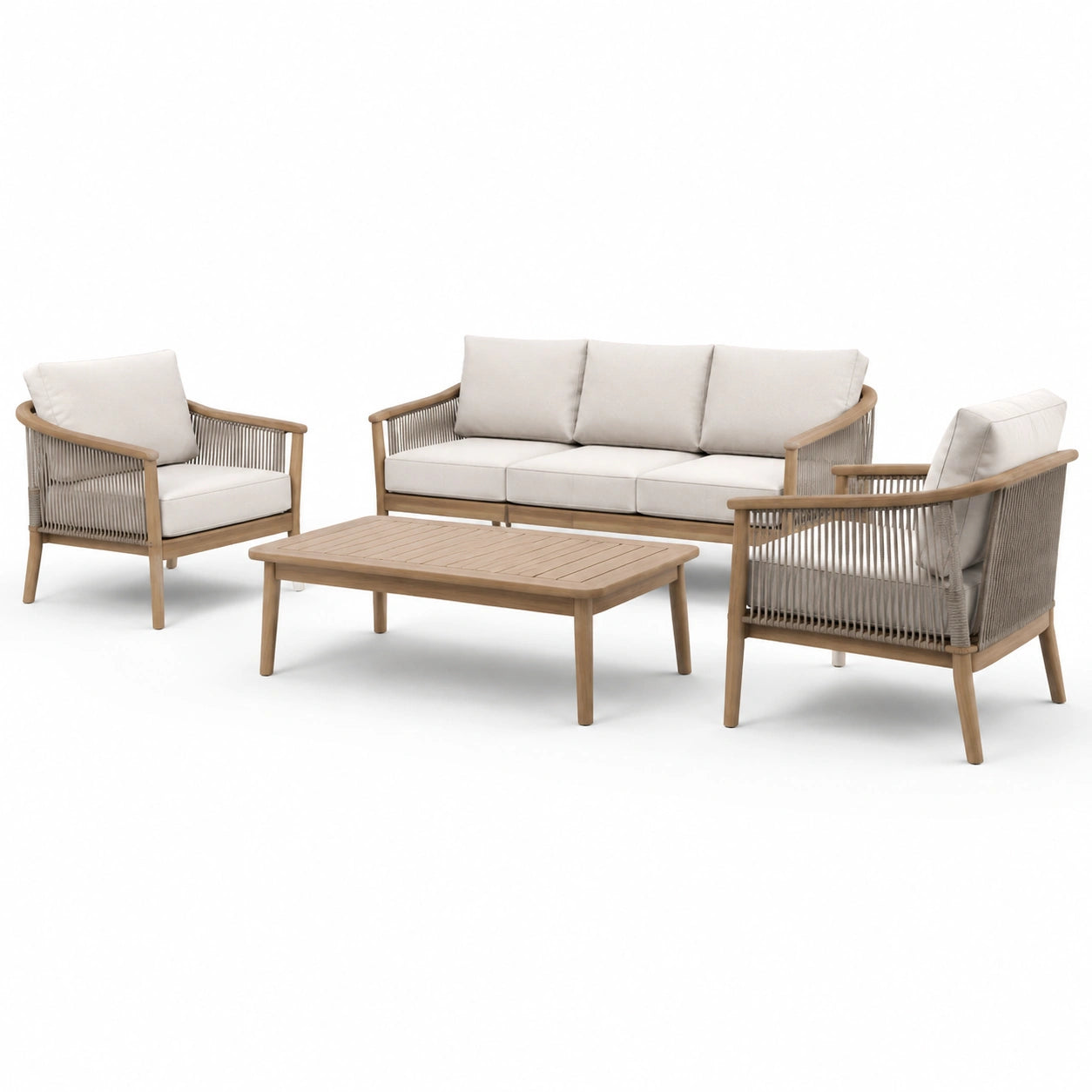Ensemble de salon de jardin en bois et corde avec coussins en polyester beige