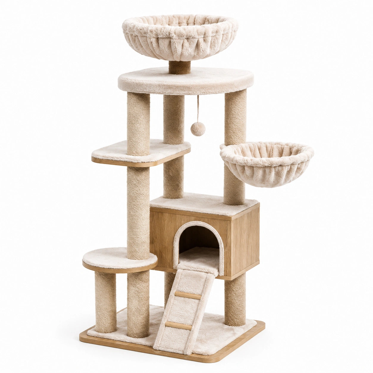 Arbre à chat en bois avec nids et rampe beige