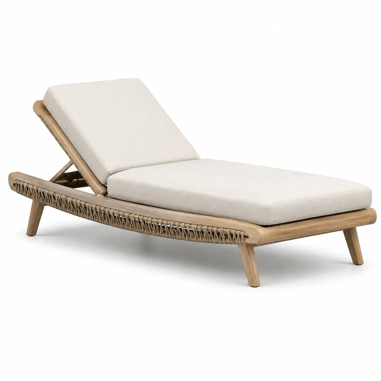 Chaise longue en bois avec coussin en tissu beige