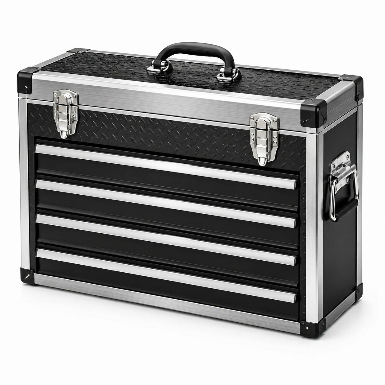 Boîte à outils en métal noir avec 4 tiroirs et cadre en aluminium