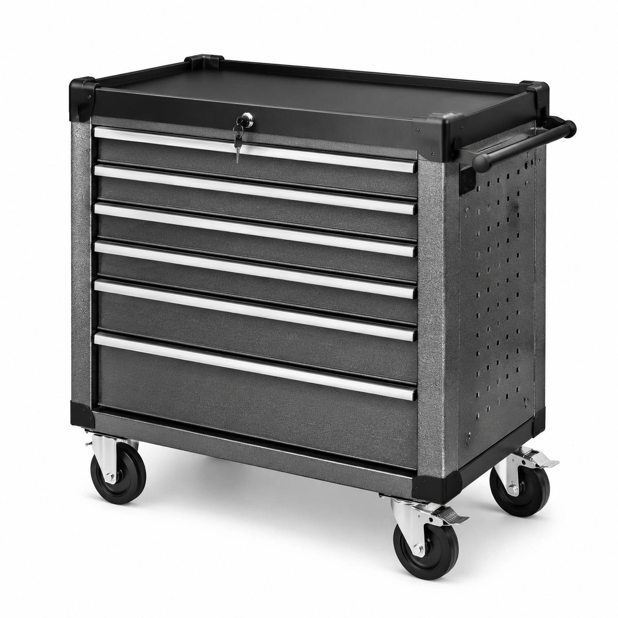 Chariot à outils en acier avec 7 tiroirs verrouillables et roulettes pivotantes en caoutchouc gris