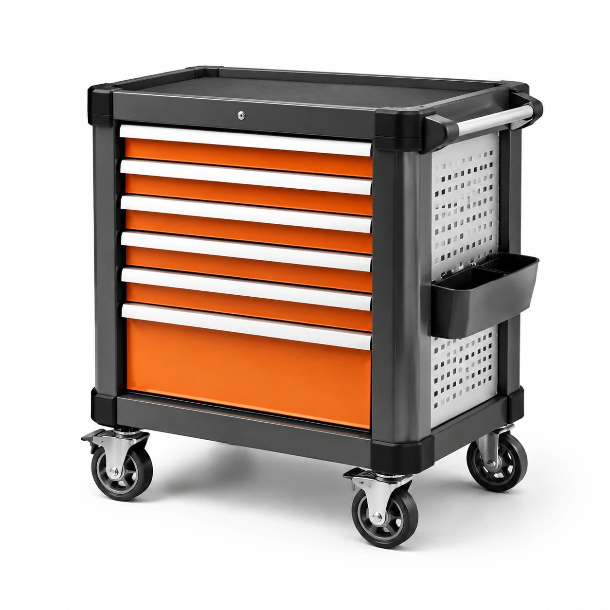 Chariot à outils en métal orange avec 7 tiroirs