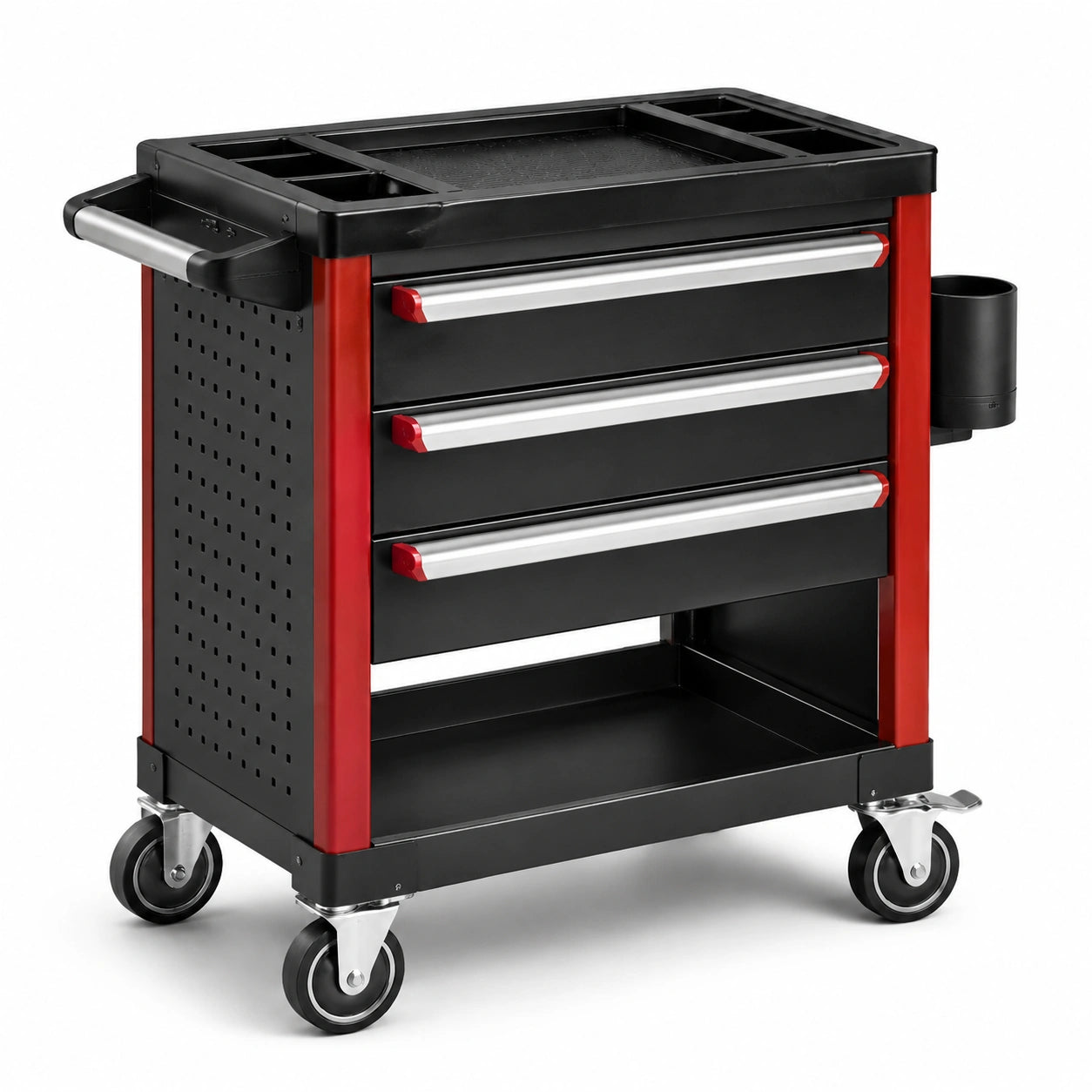 Chariot à outils en métal noir et rouge avec 3 tiroirs et roulettes