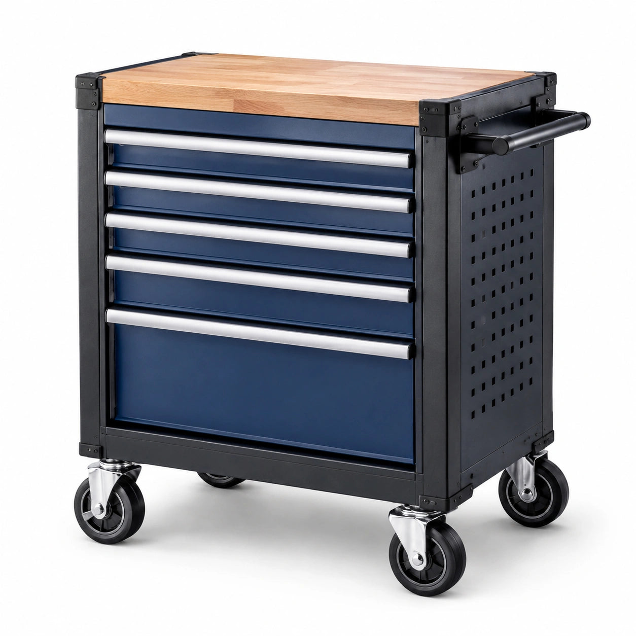 Chariot à outils en métal avec plateau en bois et roulettes