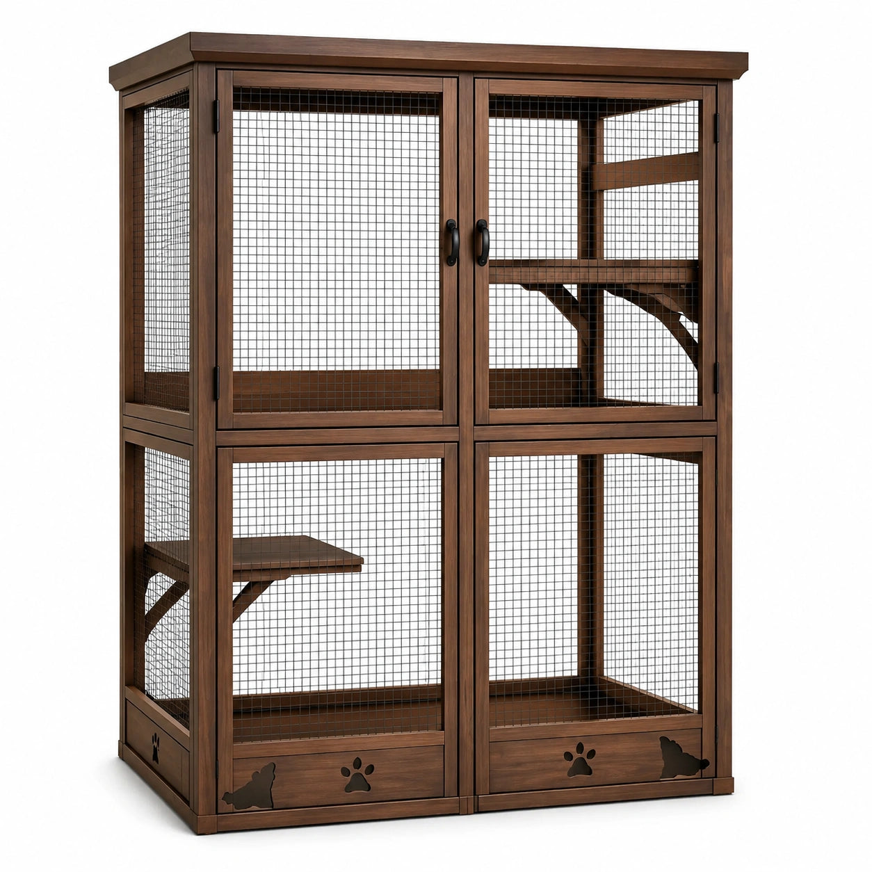 Enclos pour chat en bois avec grillage en acier et 2 portes marron