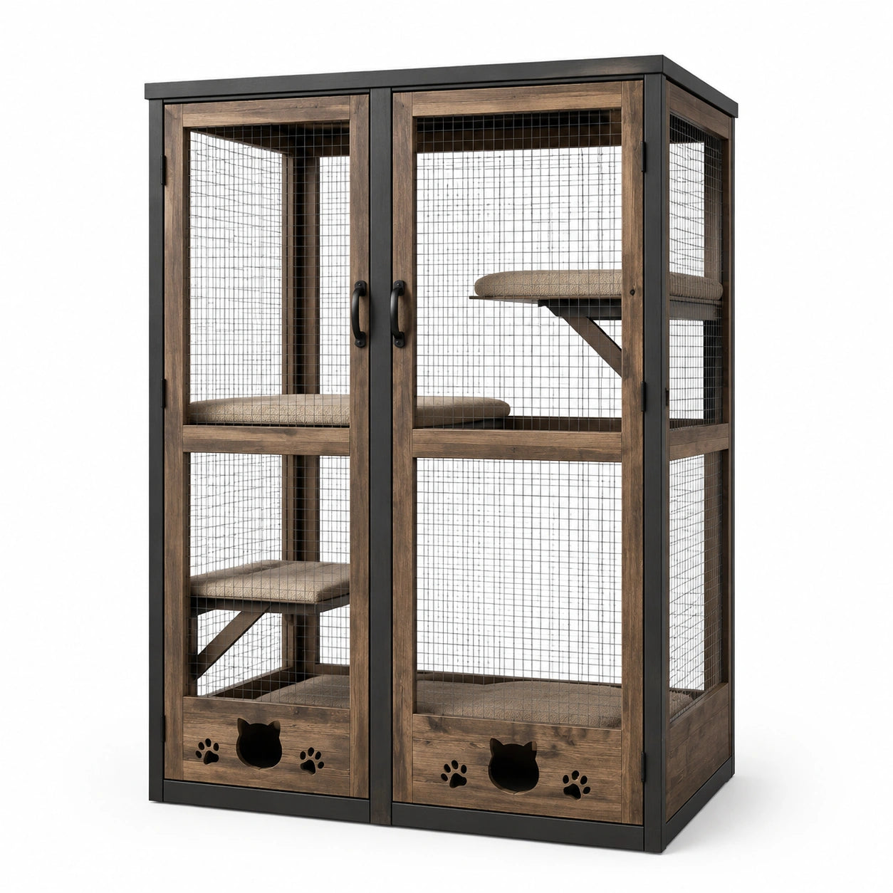 Enclos pour chats en bois et métal grille marron et noir 120x60x150 cm