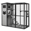 Enclos pour chat en métal et bois avec toit incliné gris et noir 195x120x180 cm