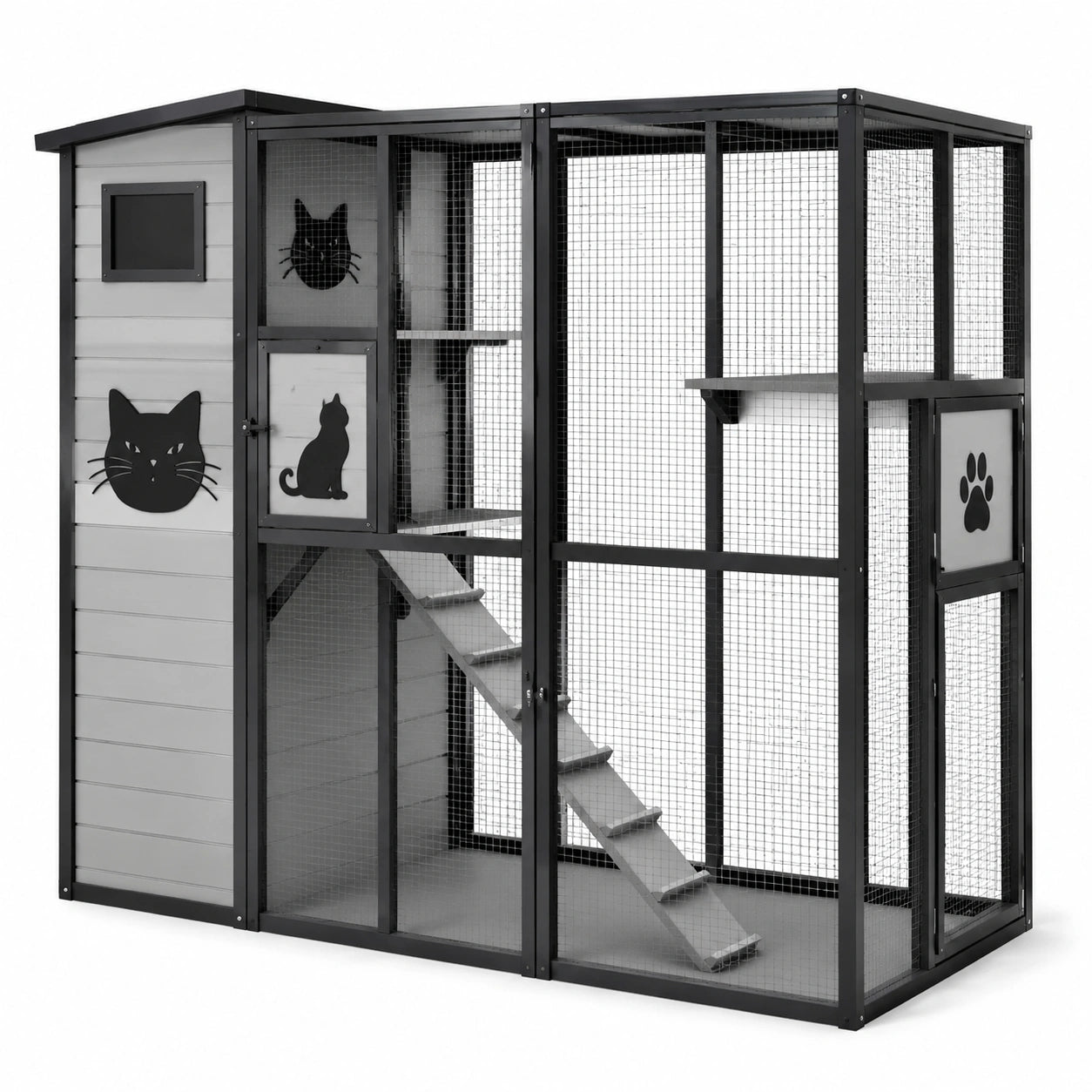 Enclos pour chat en métal et bois avec toit incliné gris et noir 195x120x180 cm