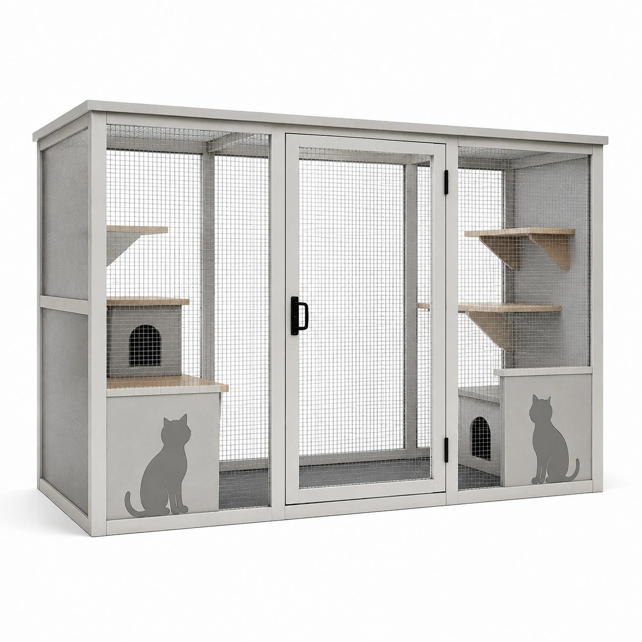 Enclos pour chat en métal et bois avec portes et plateformes en contreplaqué gris