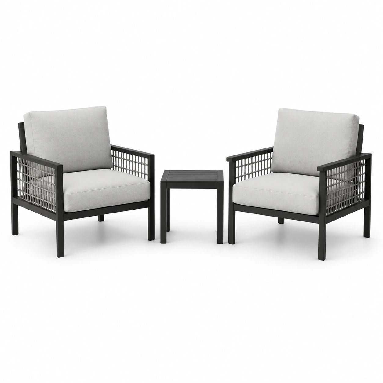 Ensemble de jardin en aluminium avec cordage noir et coussins gris 2 fauteuils 1 table