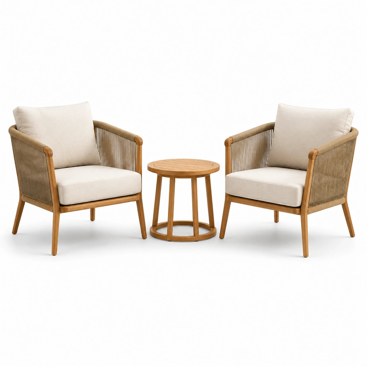 Ensemble de bistro avec 2 fauteuils en bois et table ronde en teck
