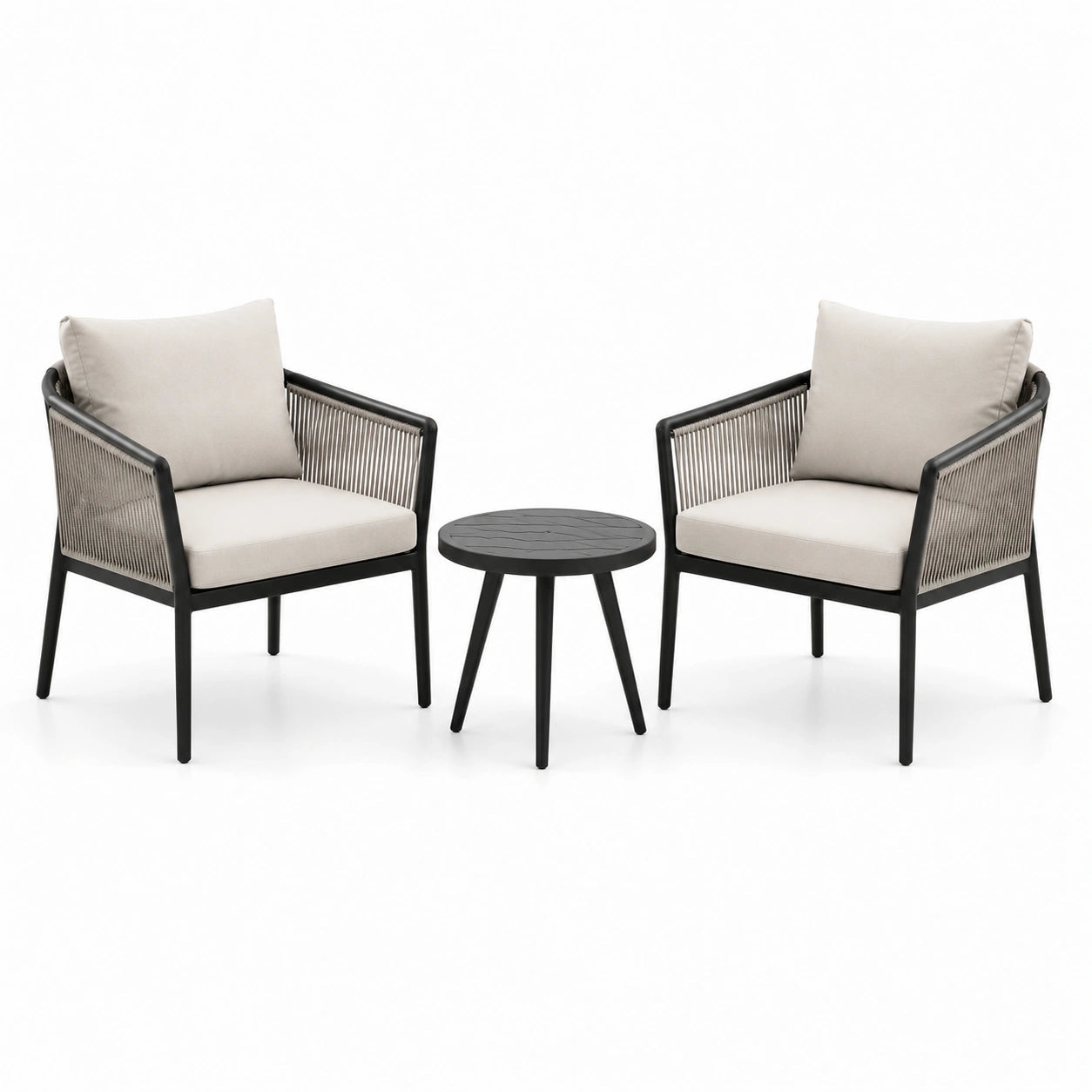Ensemble de salon extérieur en aluminium noir avec coussins en polyester beige