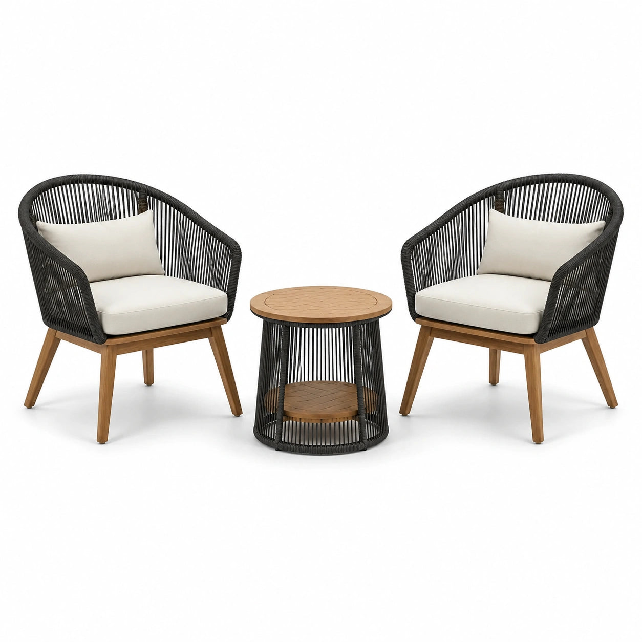 Ensemble de mobilier d'extérieur en bois et corde avec coussins